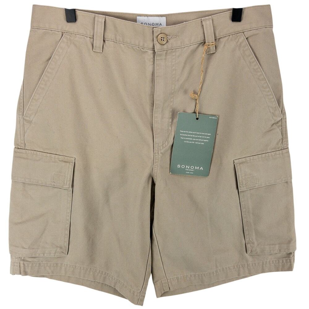 Men’s 32 Cargo Shorts Khaki Relaxed Fit 10" Inseam NWT Cotton Sonoma